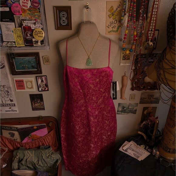 Vintage Satin Brocade Print Mini Dress Women's 8 Medium Hot Pink Linen Silk Y2K - Picture 1 of 5
